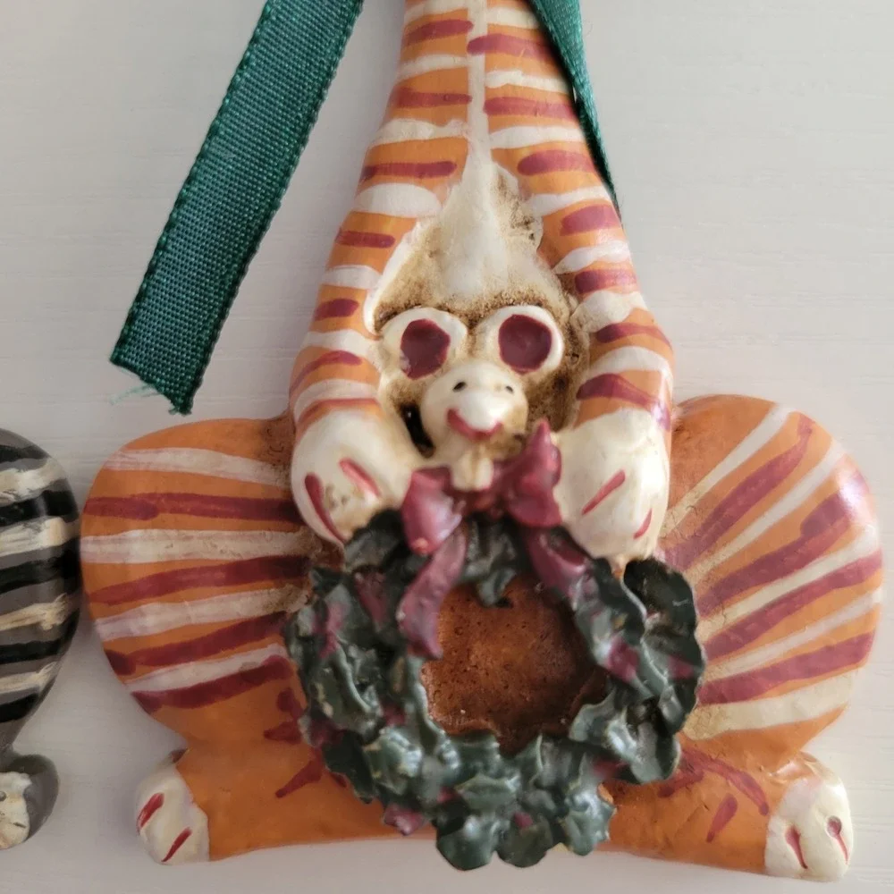 Vtg Kurt Adler Christmas Ornaments (2) Cats Kitty Whimpsical Tiger Tabby Mouse